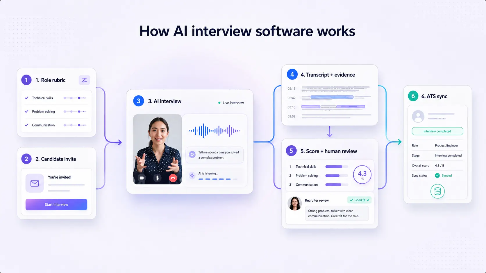 Six-stage AI interview software workflow from rubric design to ATS results