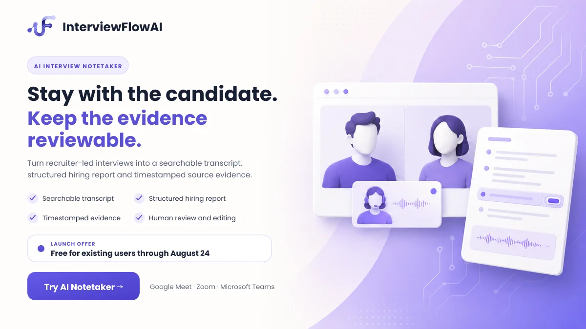 InterviewFlowAI Notetaker value and offer: searchable transcripts, structured hiring reports, timestamped evidence, human review, and a Try AI Notetaker call to action.