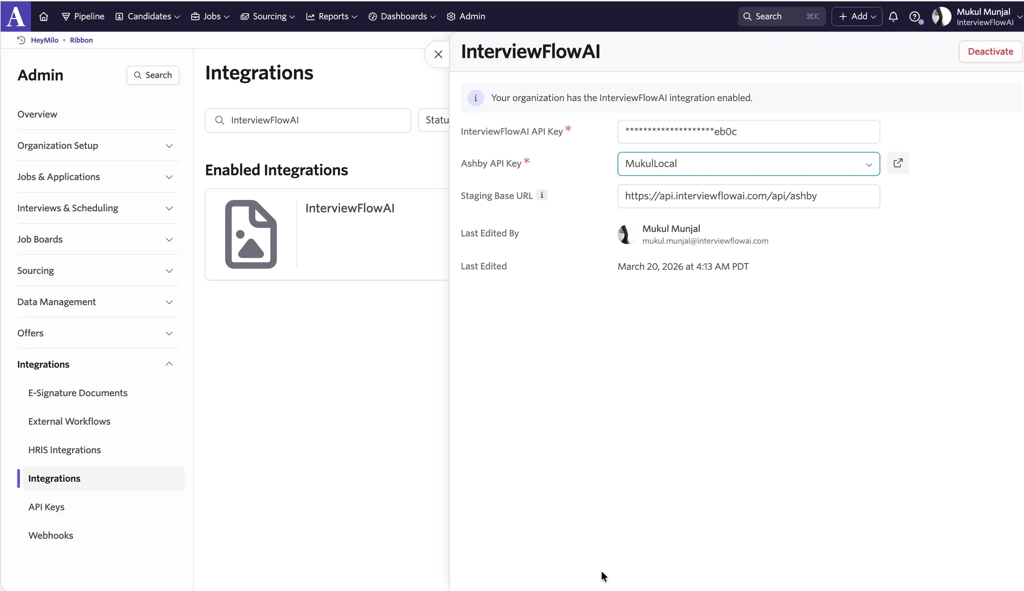 Ashby Integrations page with InterviewFlowAI URL and API key fields