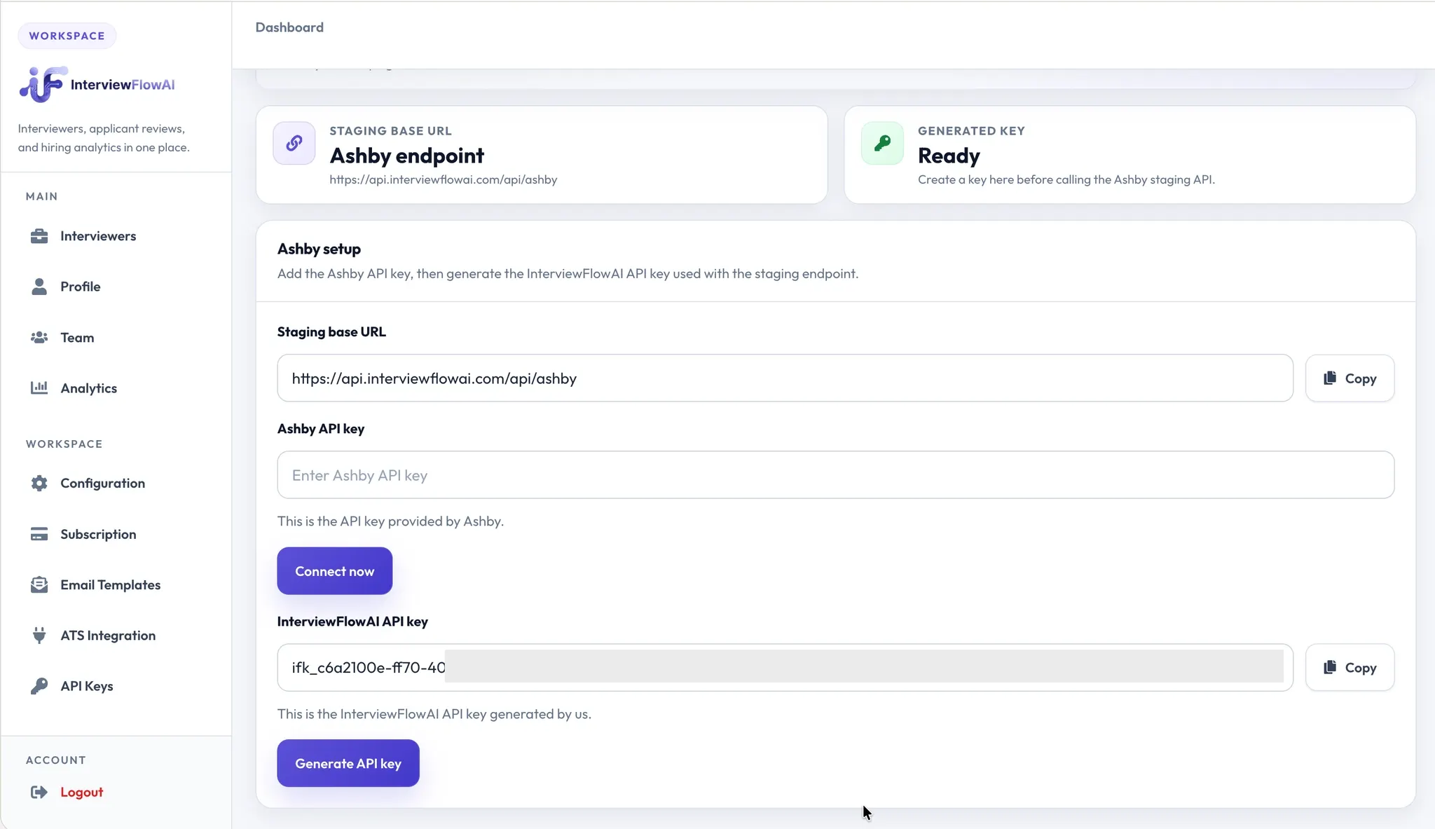 InterviewFlowAI ATS Integration setup showing the base URL and API key controls