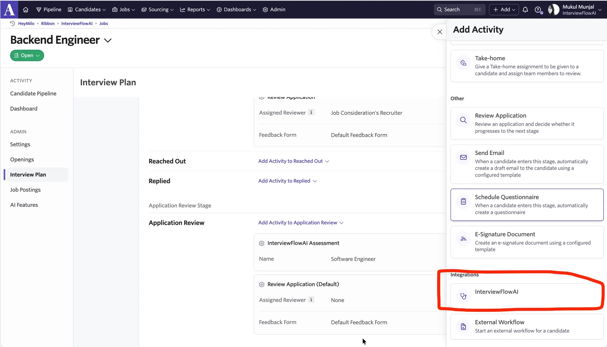 Ashby Add Activity workflow with InterviewFlowAI selected