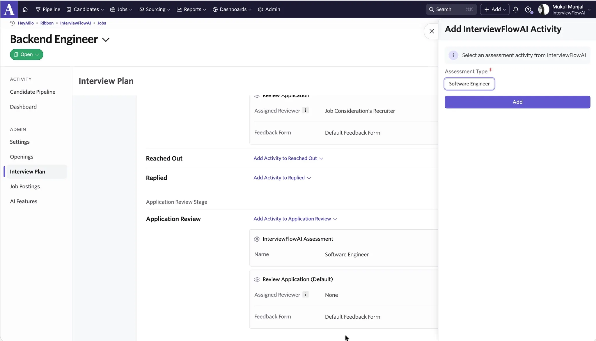 Ashby automation settings for the InterviewFlowAI stage
