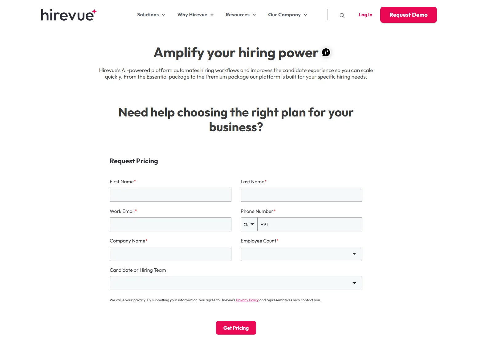HireVue pricing page showing quote-based packages