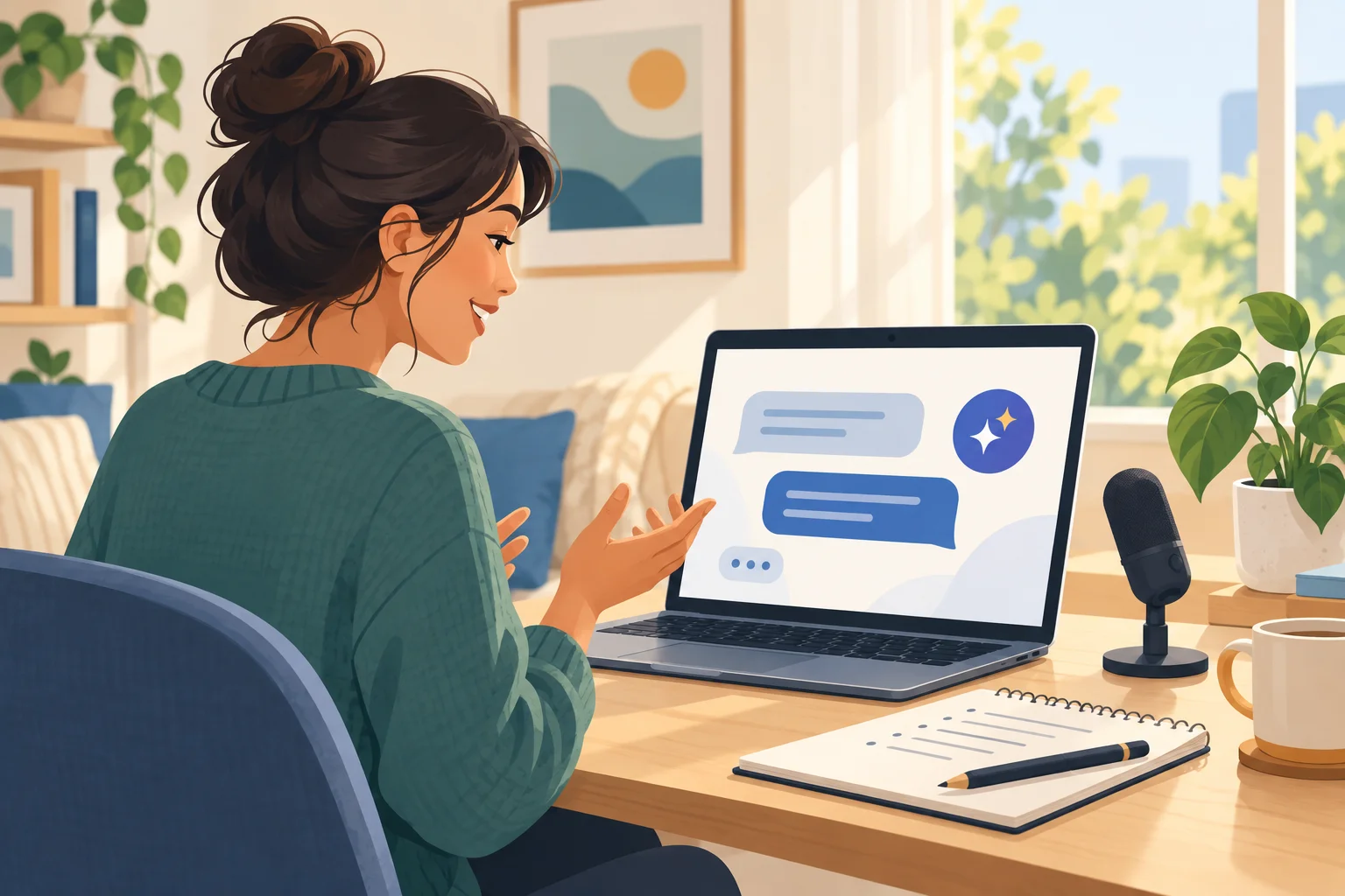Illustration of a job seeker practicing an AI interview at a laptop with a notebook and microphone
