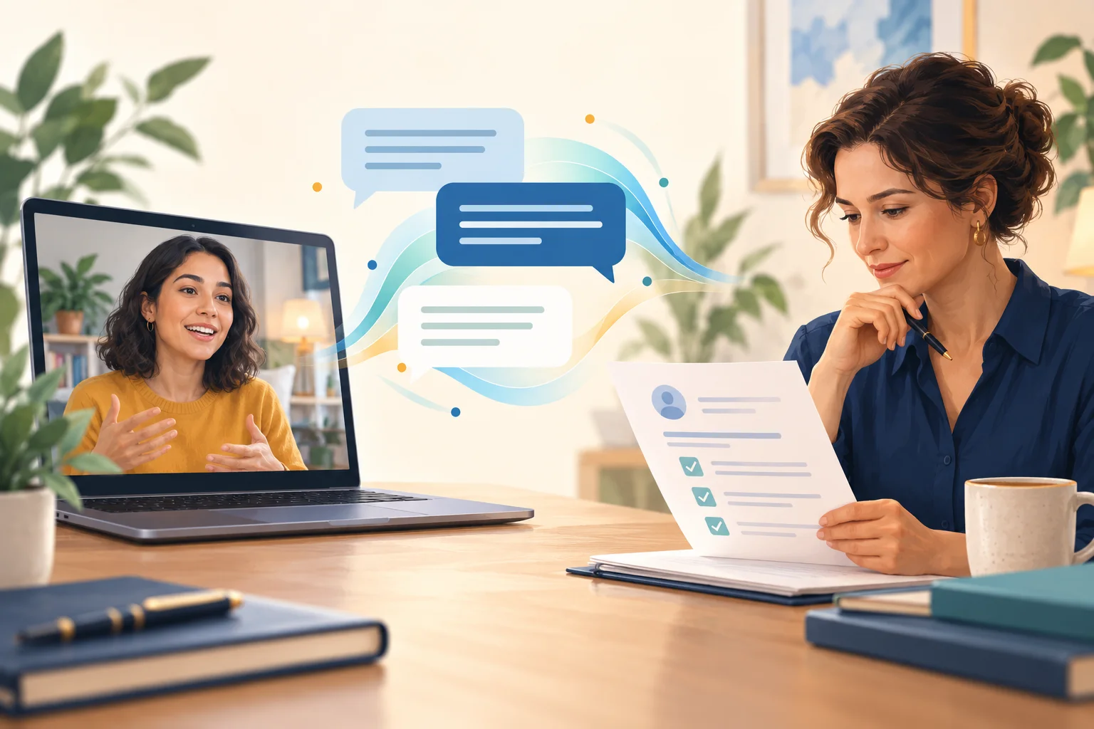 Editorial illustration of a candidate in a remote interview, conversational AI symbols, and a recruiter reviewing interview evidence