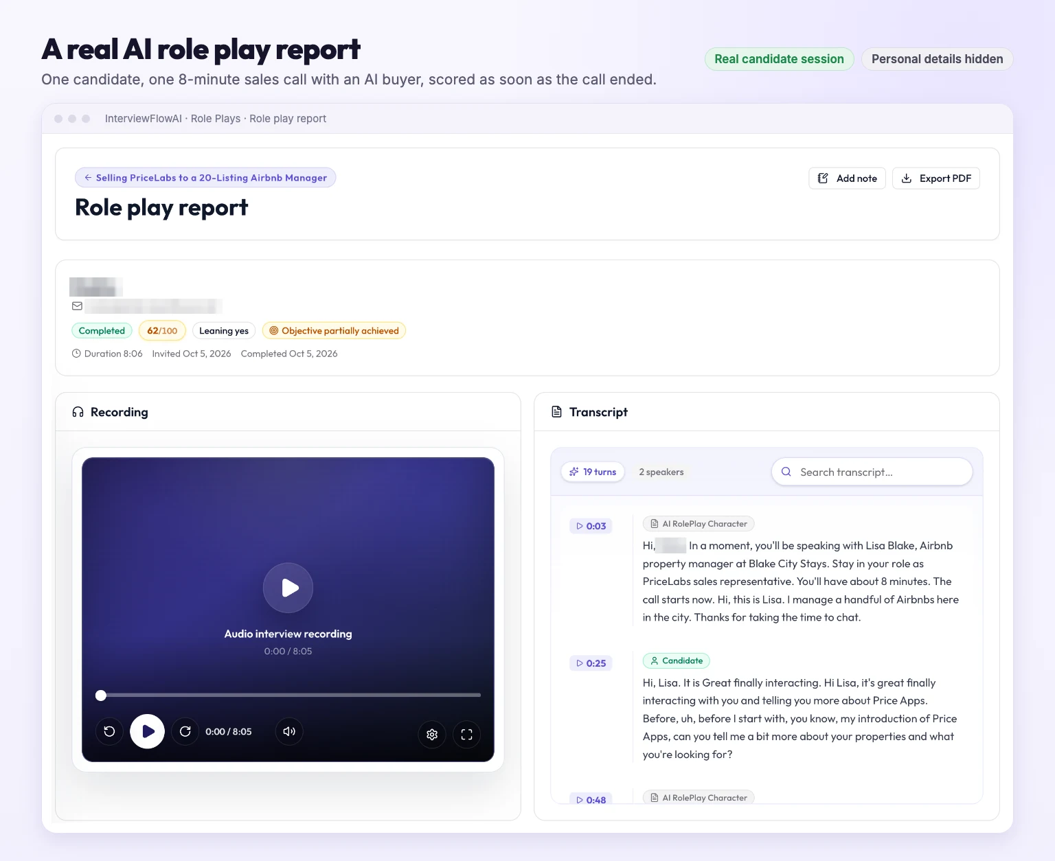 A real InterviewFlowAI role play report: 62 out of 100, Leaning yes, objective partially achieved, with recording and transcript