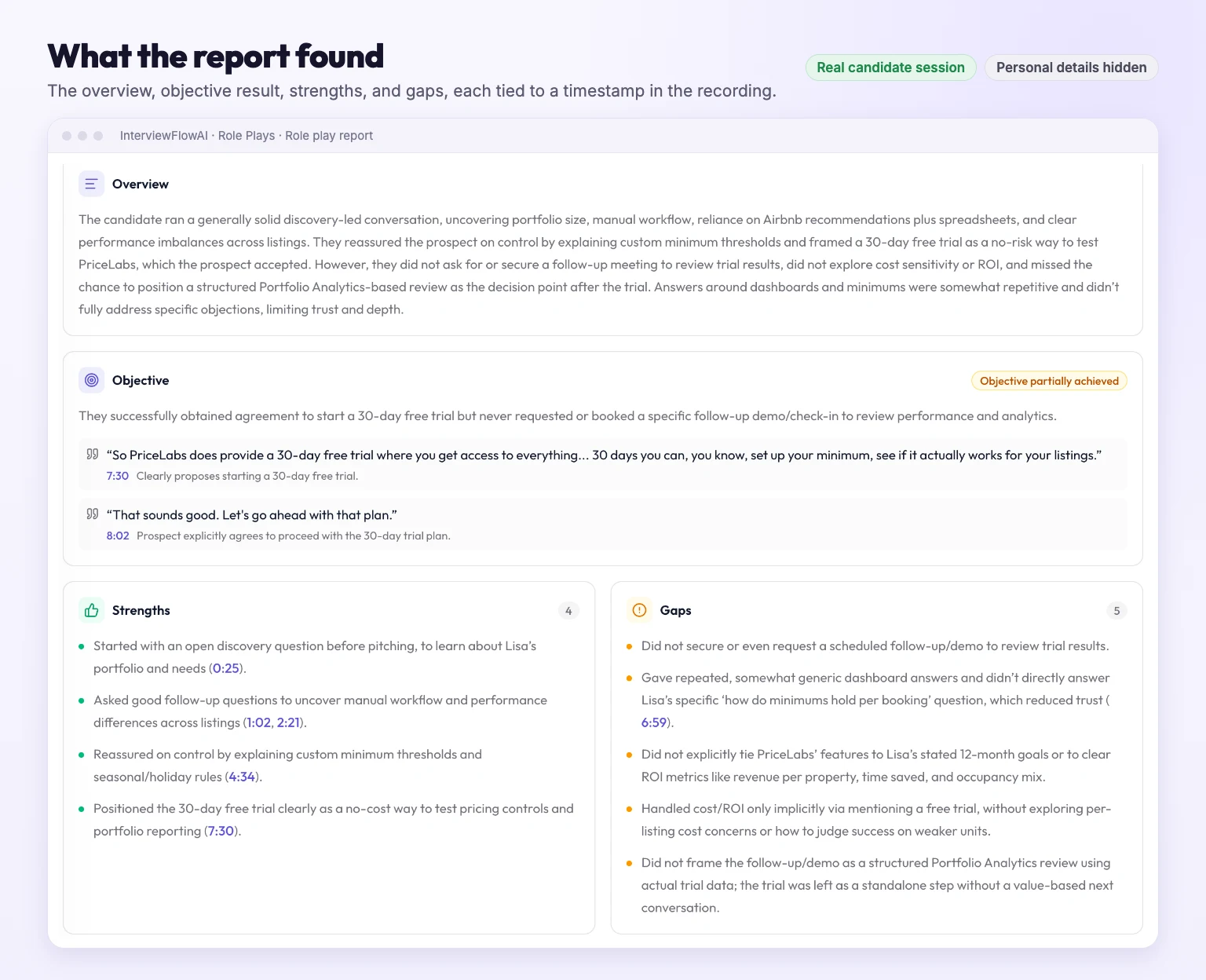 Overview, objective, strengths and gaps from a real role play report, with timestamped evidence