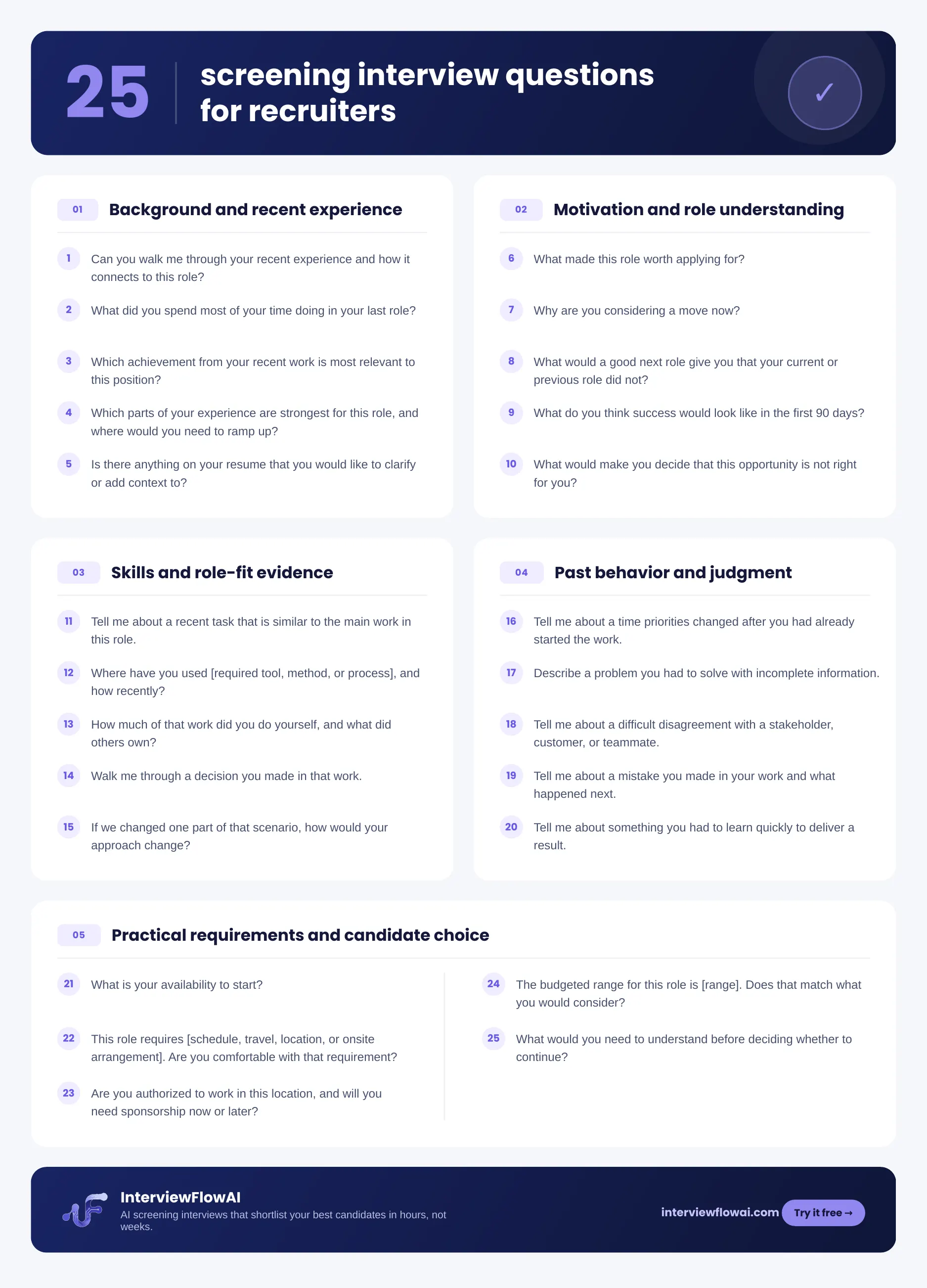25 screening interview questions for recruiters organized by evaluation category