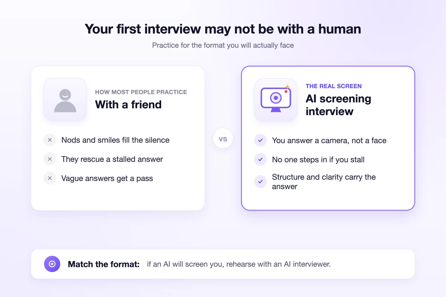 Practicing with a friend compared with an AI screening interview, where you answer a camera with no visual cues